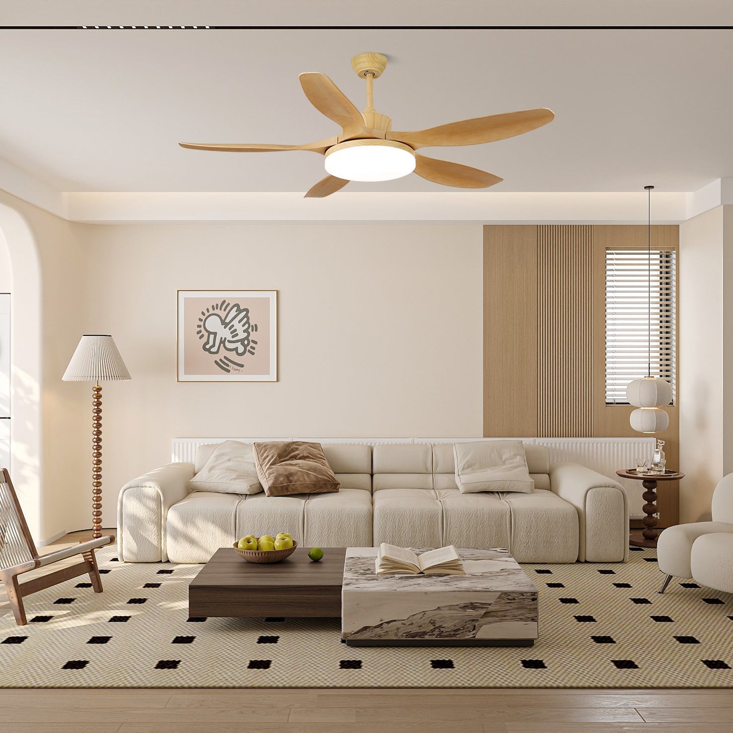 Plafonnier ventilateur Arysen minimaliste en bois, Modèle E, diamètre 48 pouces