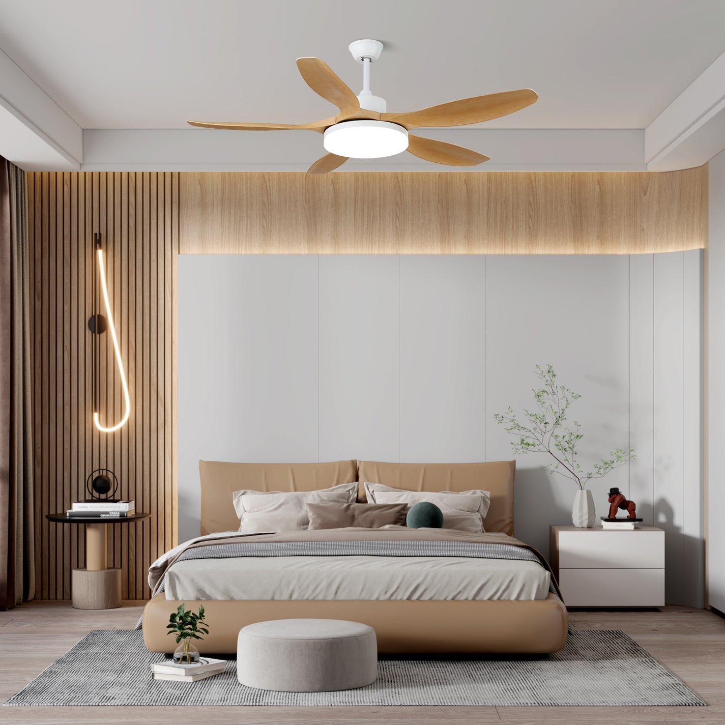Plafonnier ventilateur Arysen minimaliste en bois, Modèle D, diamètre 52 pouces