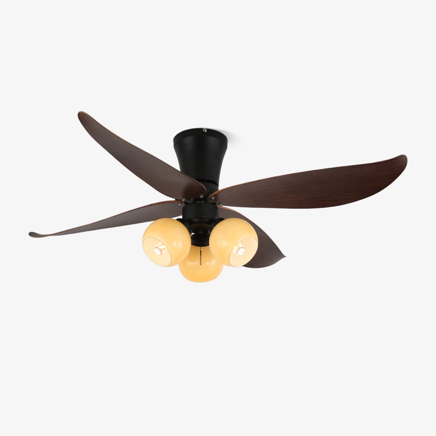 Plafonnier ventilateur Lunair vintage en bois et verre, vue de face