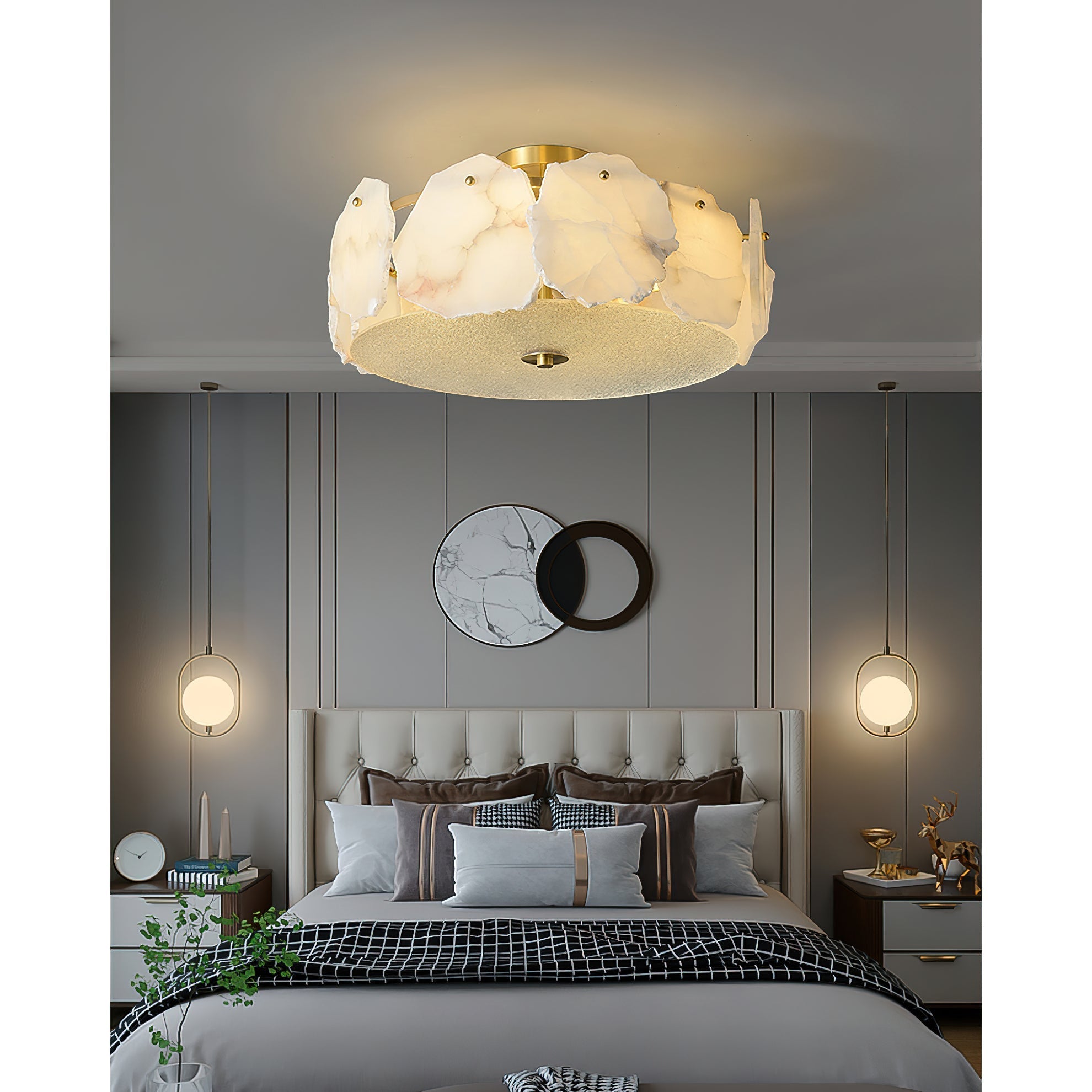 Zoruvys Sophisticated Disc Flat Alabaster Glass Ceiling Light - Lamp Copper