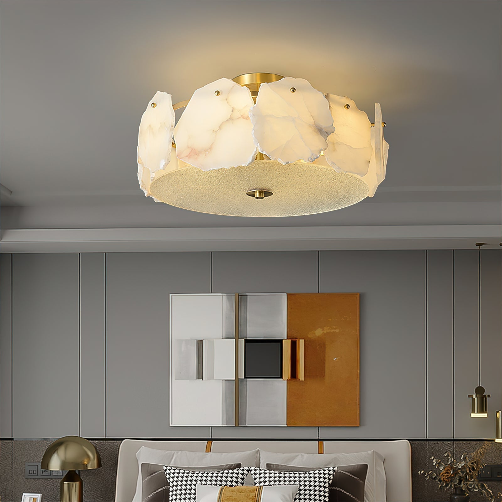 Zoruvys Sophisticated Disc Flat Alabaster Glass Ceiling Light - Lamp Copper