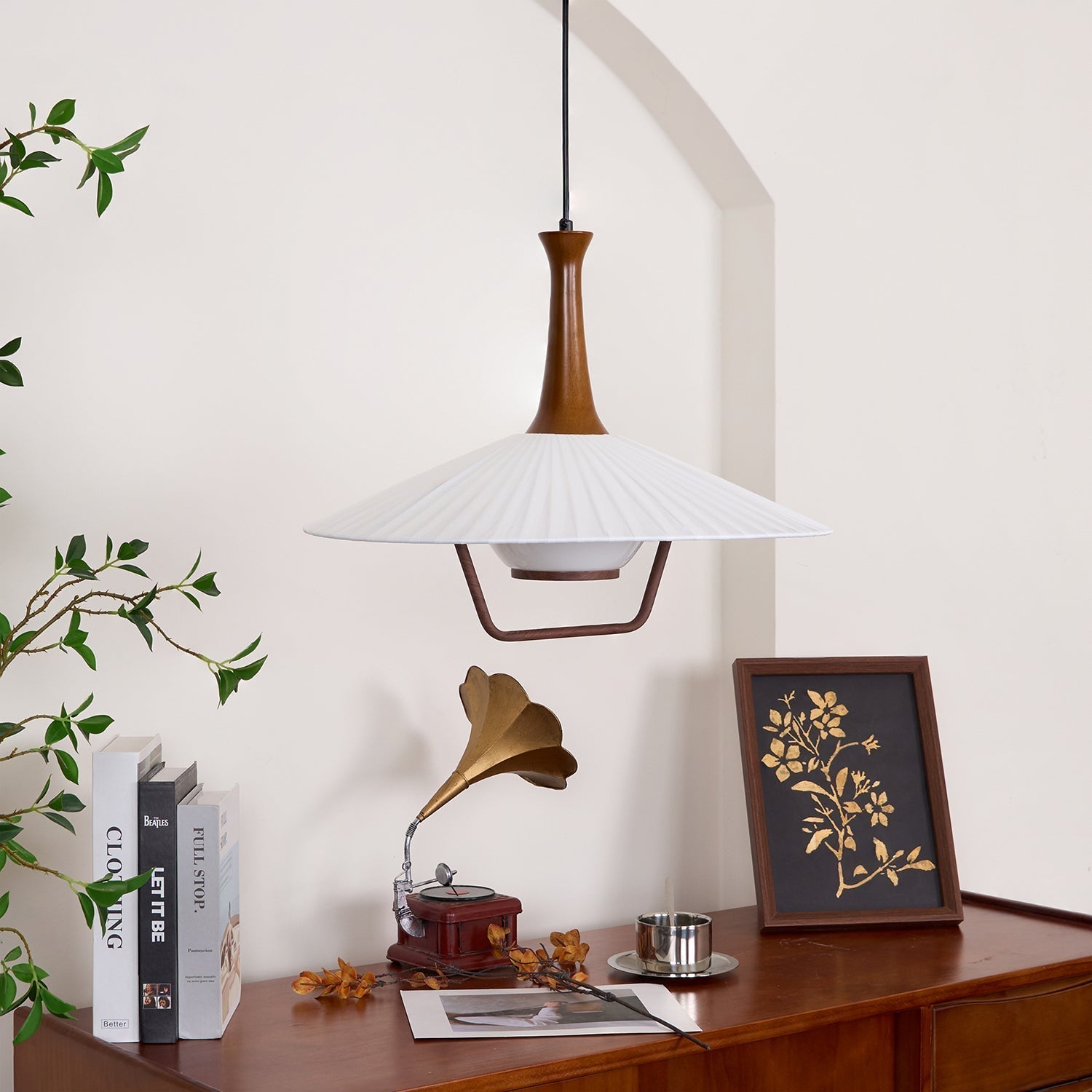 Vionne Mid-Century Wood and White Pendant Lamp - Letslighting