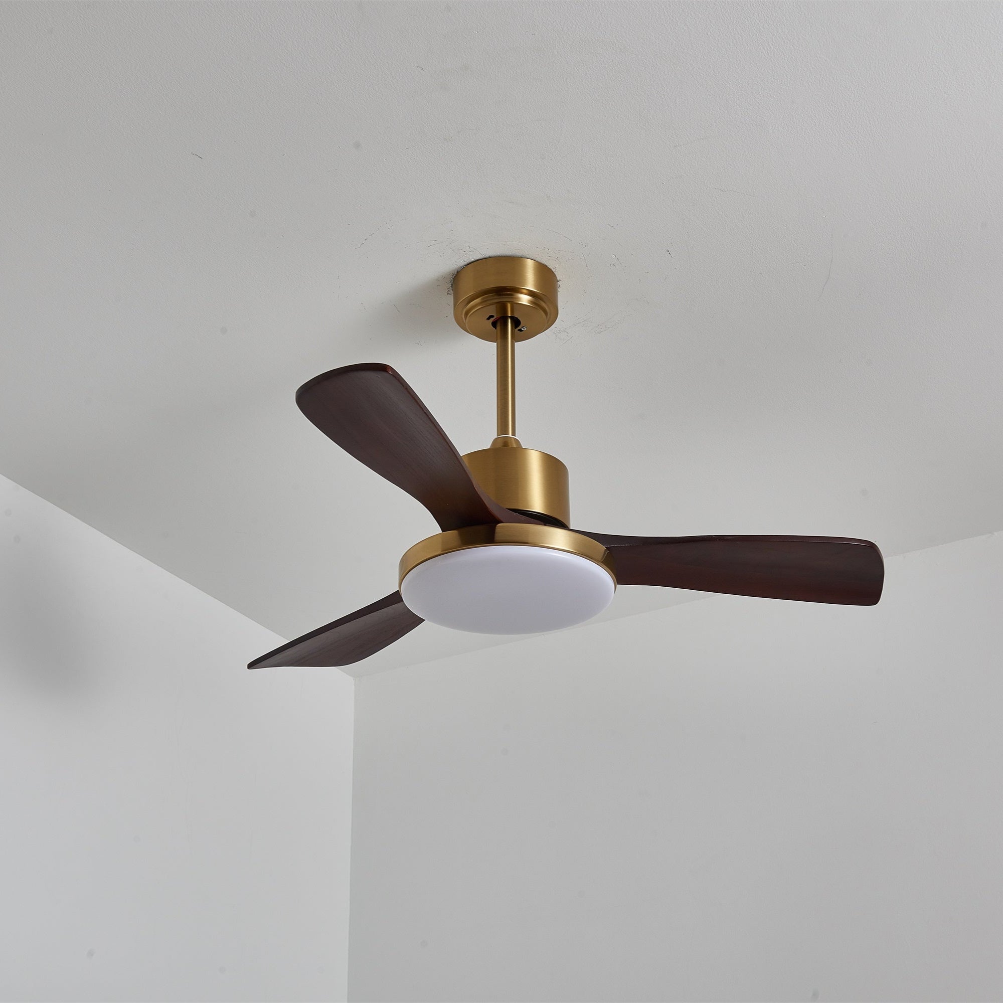 Plafonnier ventilateur Xen moderne en bois, soulignant sa source lumineuse LED intégrée