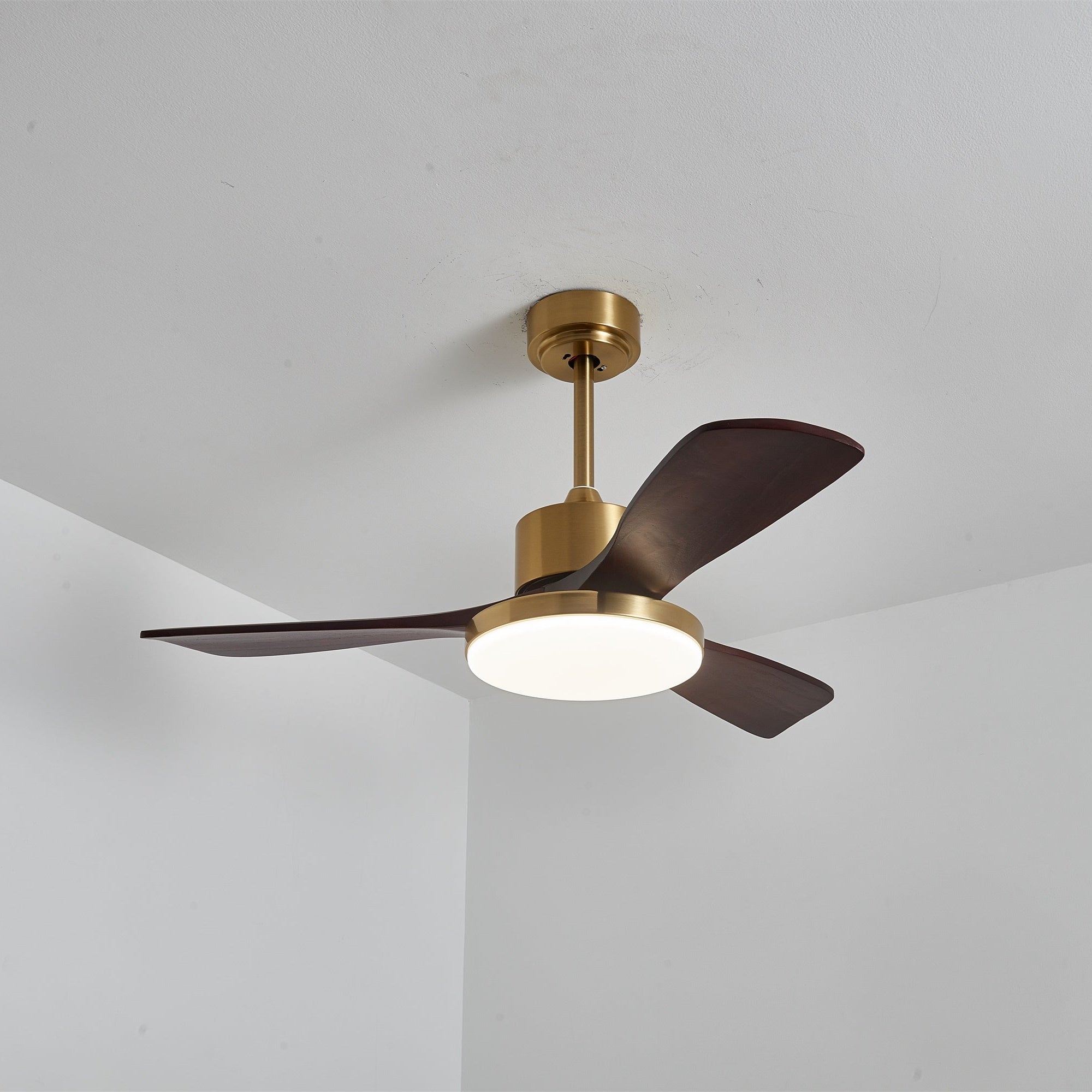 Gros plan sur les pales en bois de noyer du plafonnier ventilateur Xen