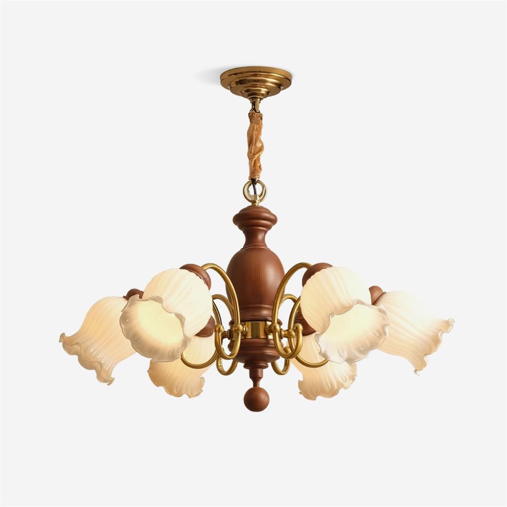 Chandelier Tulip Glass Shades Walnut Wood Frame Rustic - Letslighting