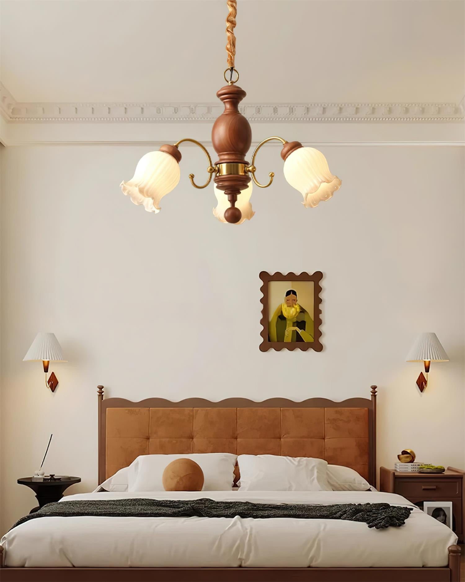 Chandelier Tulip Glass Shades Walnut Wood Frame Rustic - Letslighting