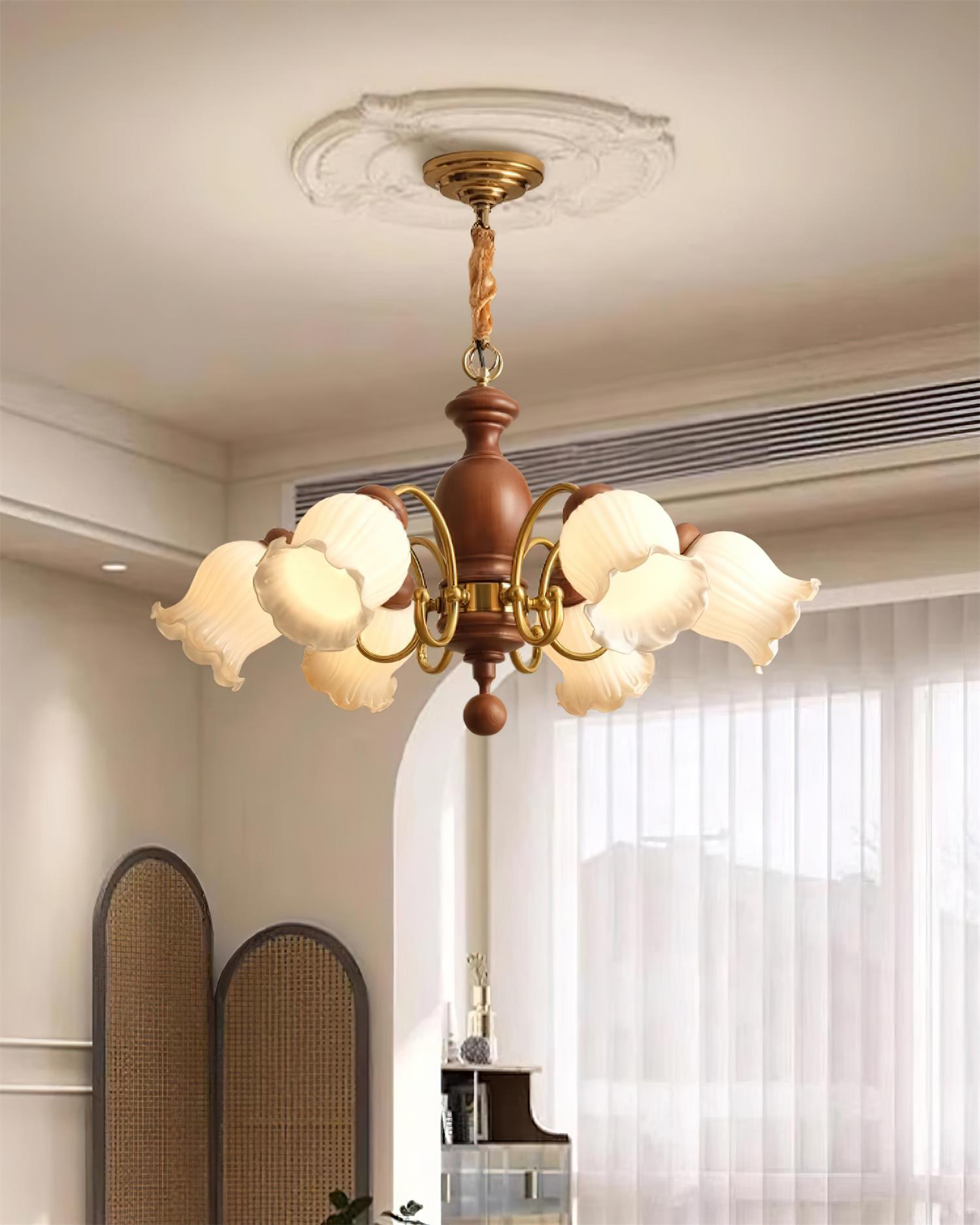 Chandelier Tulip Glass Shades Walnut Wood Frame Rustic - Letslighting