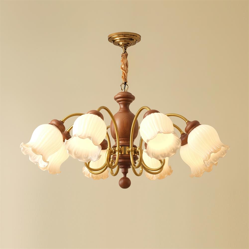 Chandelier Tulip Glass Shades Walnut Wood Frame Rustic - Letslighting