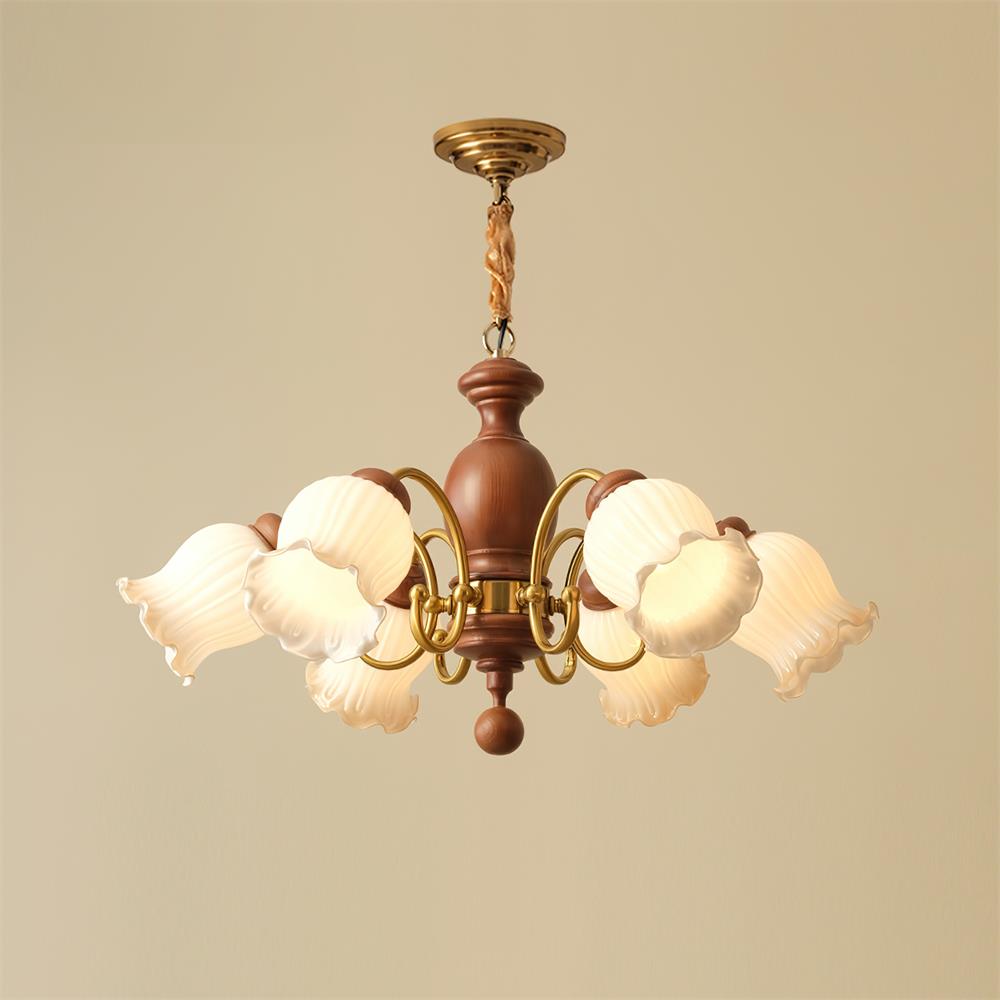 Chandelier Tulip Glass Shades Walnut Wood Frame Rustic - Letslighting
