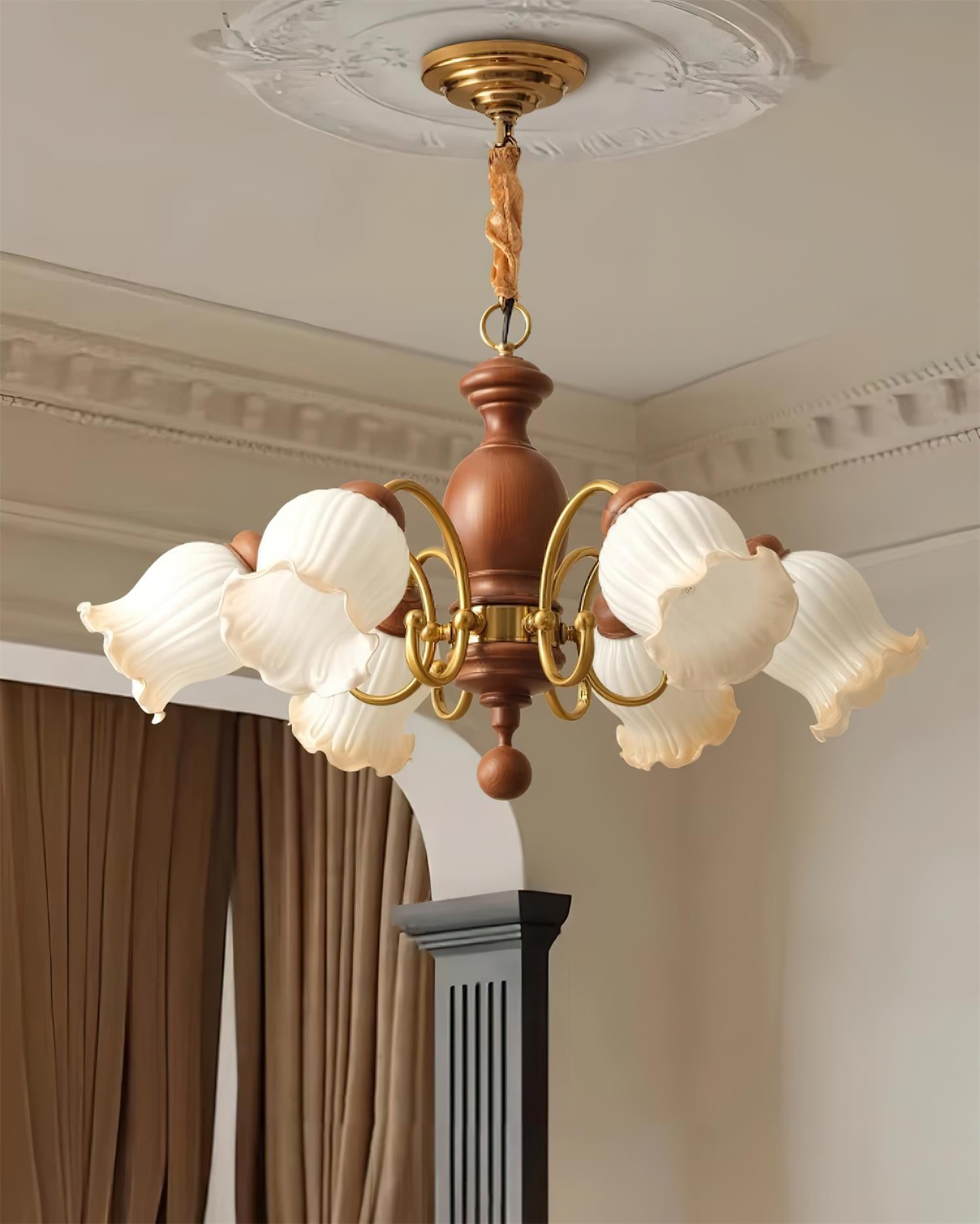 Chandelier Tulip Glass Shades Walnut Wood Frame Rustic - Letslighting