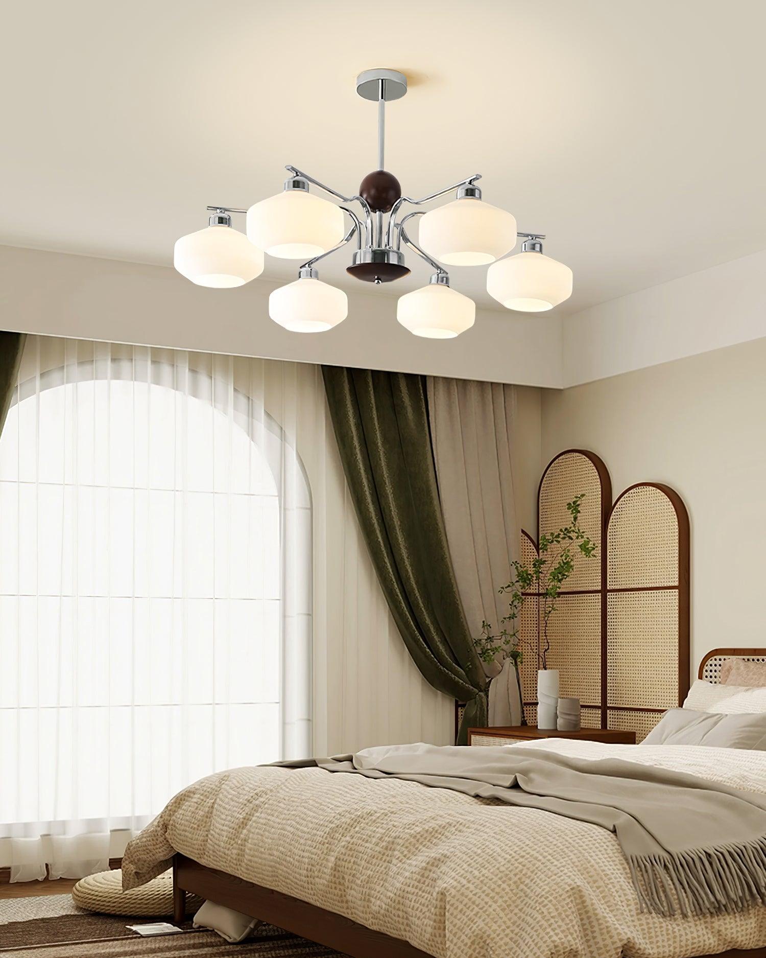 Lustra Lustre Bras en Chrome et Noyer Abat-jours en Verre Blanc Style Rétro - Neutralighting