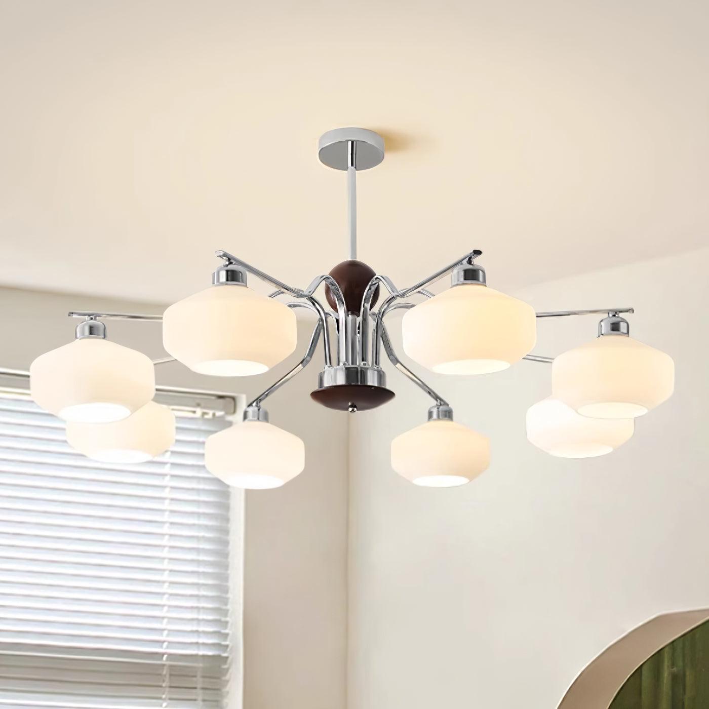 Lustra Lustre Bras en Chrome et Noyer Abat-jours en Verre Blanc Style Rétro - Neutralighting