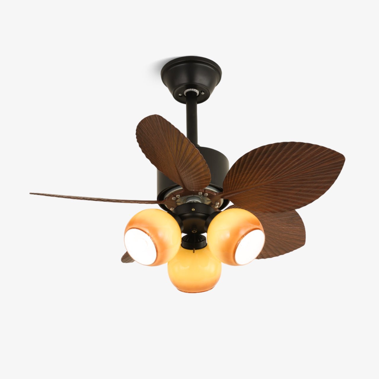 Plafonnier ventilateur Nerina en verre tropical avec pales en bois de noyer et abat-jour en verre