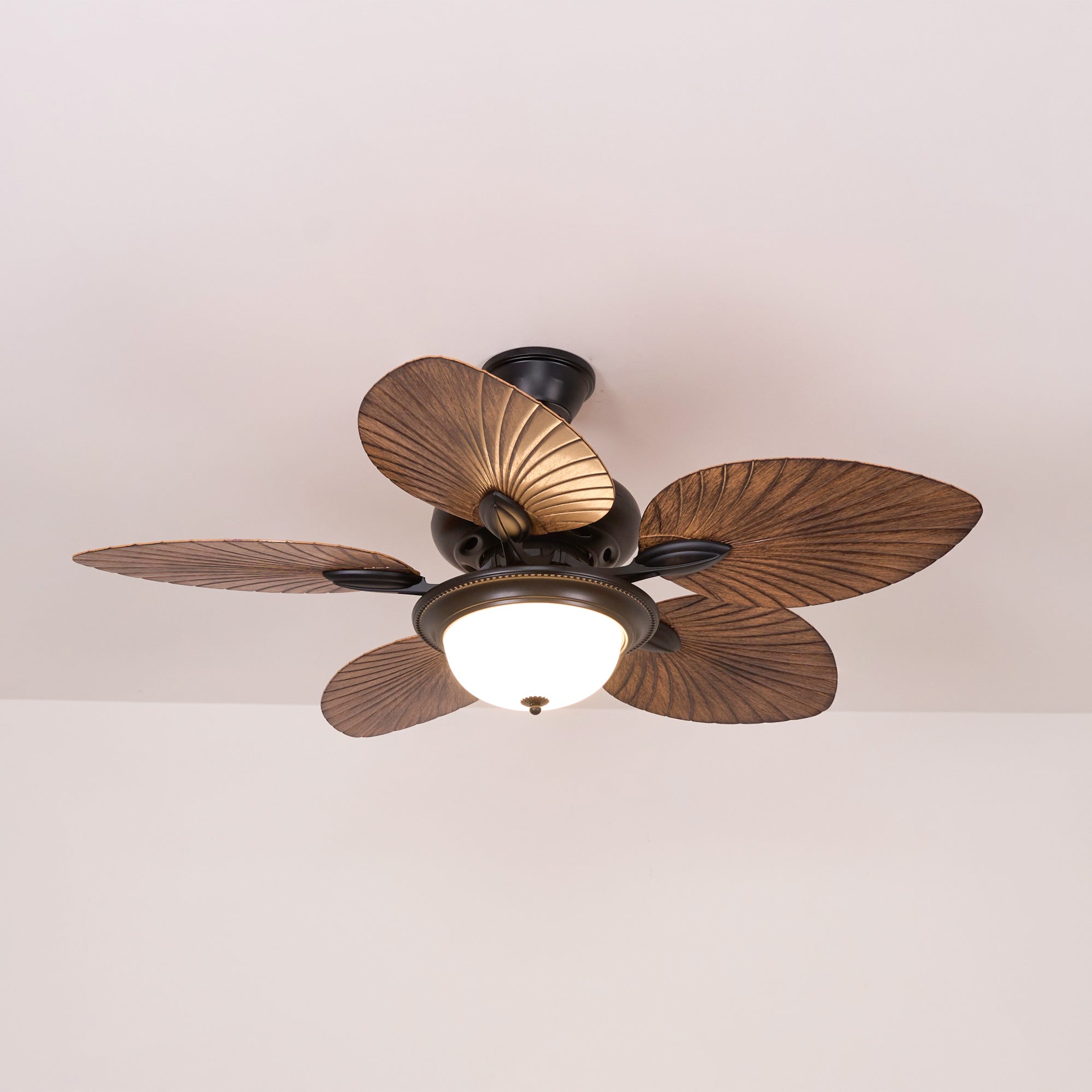 Plafonnier ventilateur Virel en bois tropical, installation filaire
