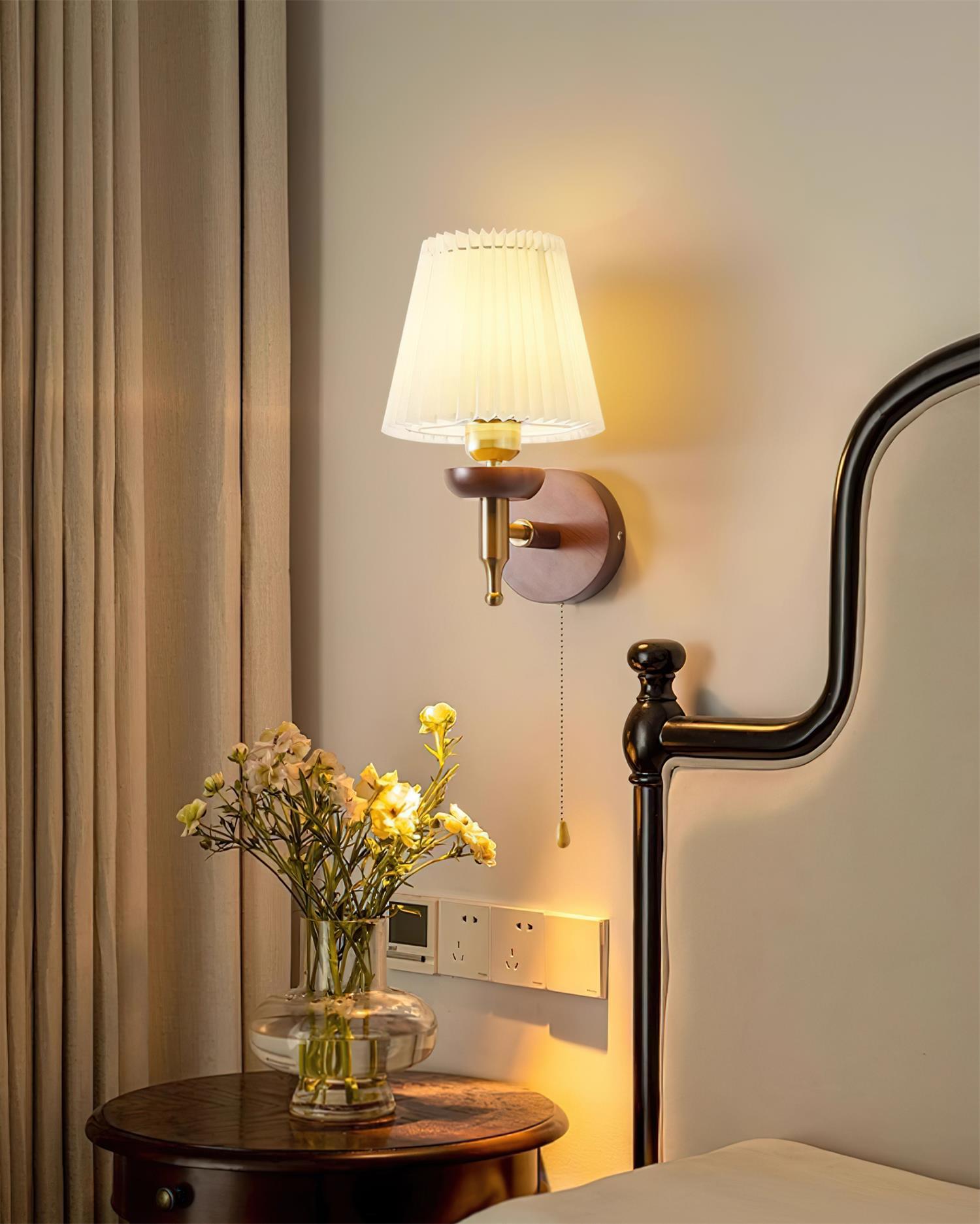 Wall Lamp Fabric Shade Modern Classic Gold Walnut Sconce Bedroom - Letslighting