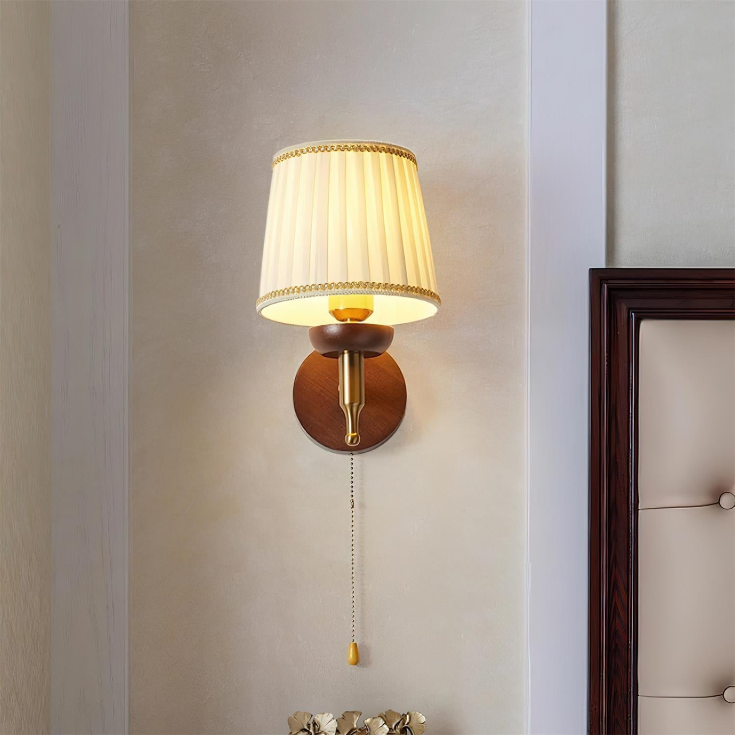 Wall Lamp Fabric Shade Modern Classic Gold Walnut Sconce Bedroom - Letslighting