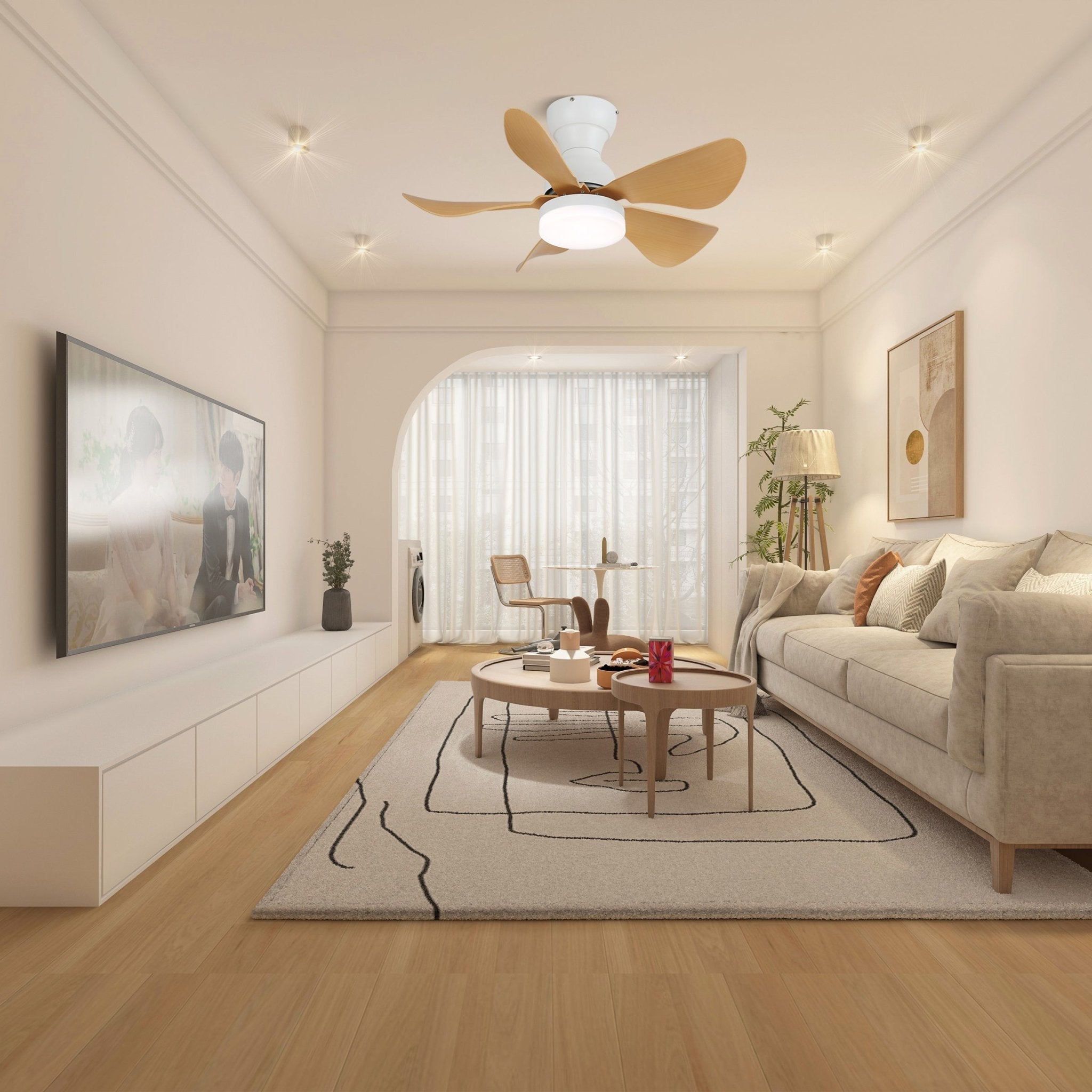 Ventilateur de plafond Callen en bois dans un salon moderne