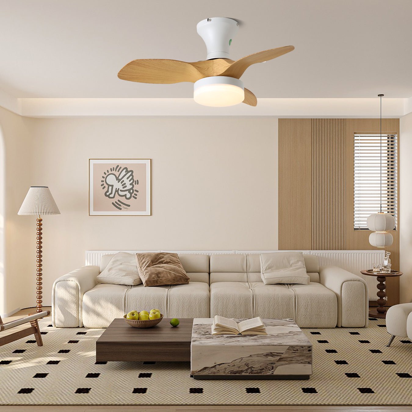 Plafonnier ventilateur Nora minimaliste en bois blanc - Neutralighting