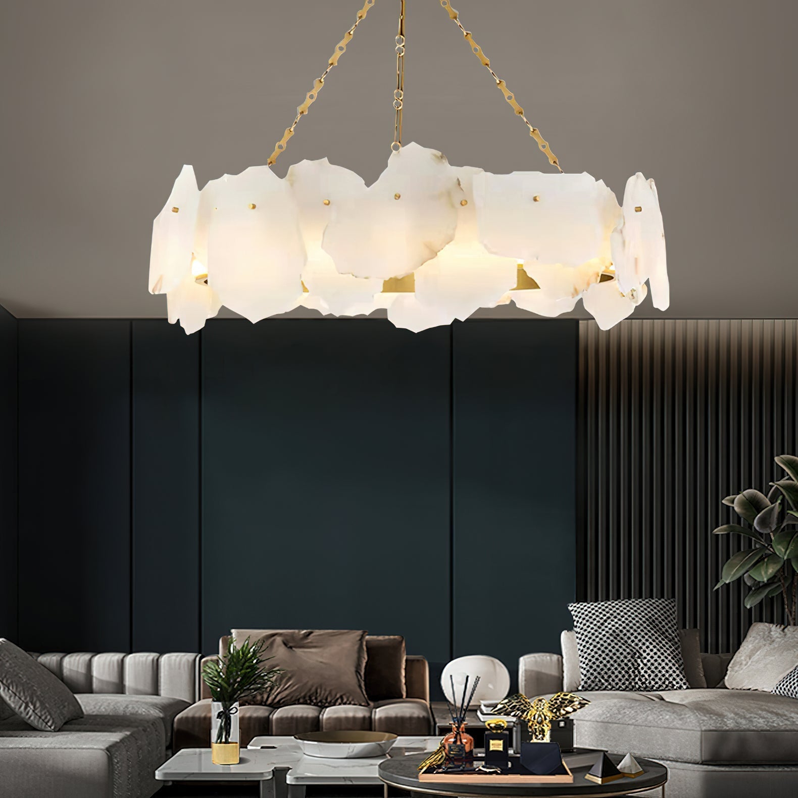 Alora Postmodern Luxury Round Brass Marble Chandelier - Lamp Copper