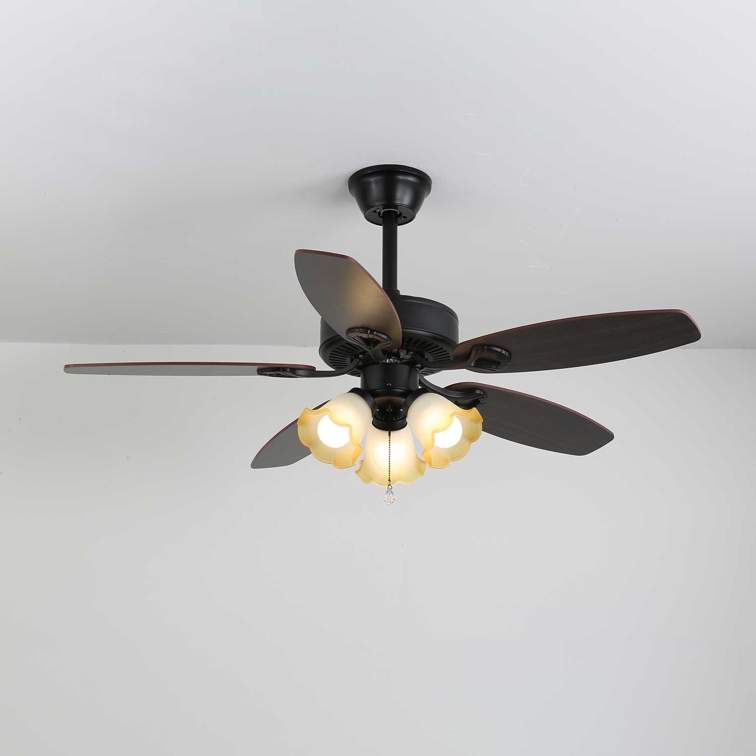 Plafonnier Ventilateur Calviera en Bois et Verre Vintage, finition bois de noyer
