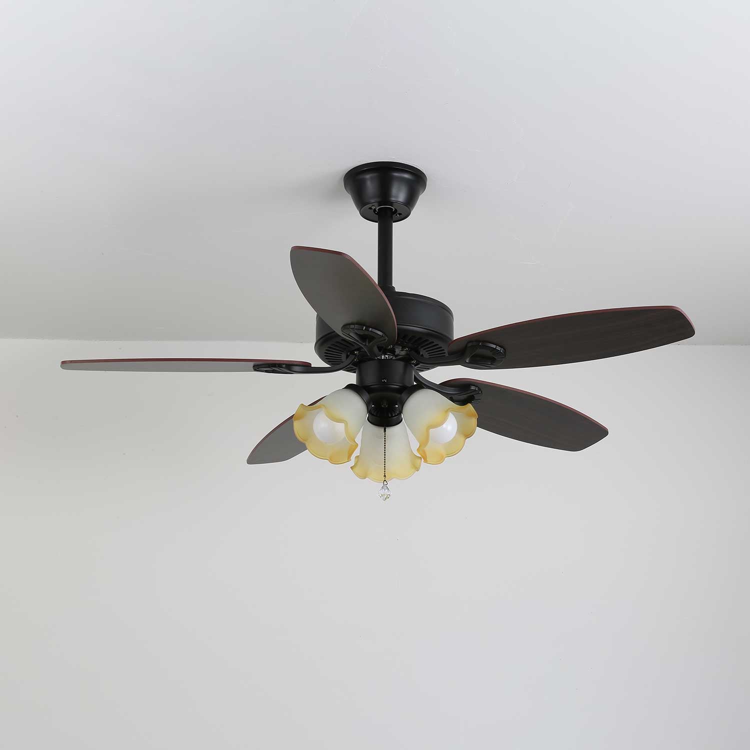 Plafonnier Ventilateur Calviera en Bois et Verre Vintage, abat-jour blanc