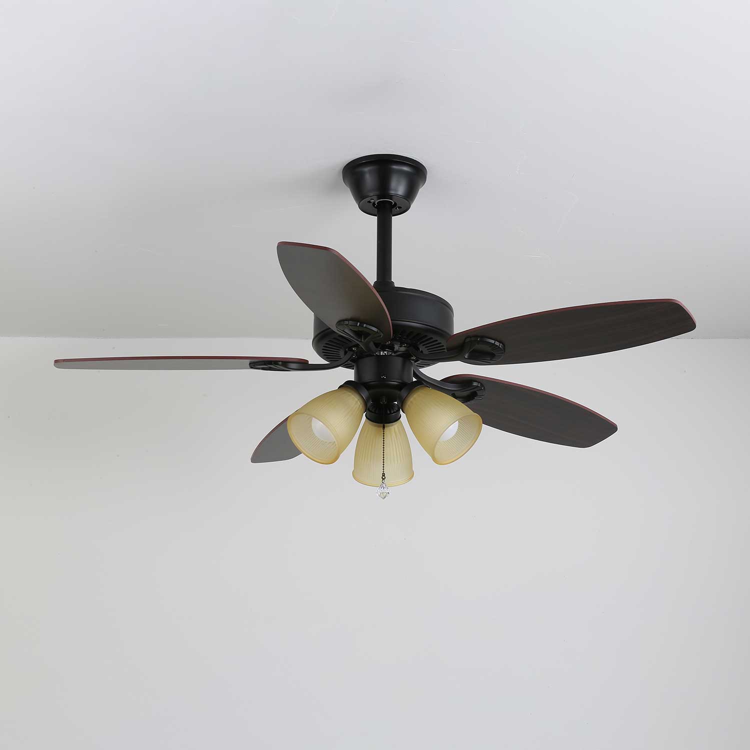 Plafonnier Ventilateur Calviera en Bois et Verre Vintage, abat-jour ambre