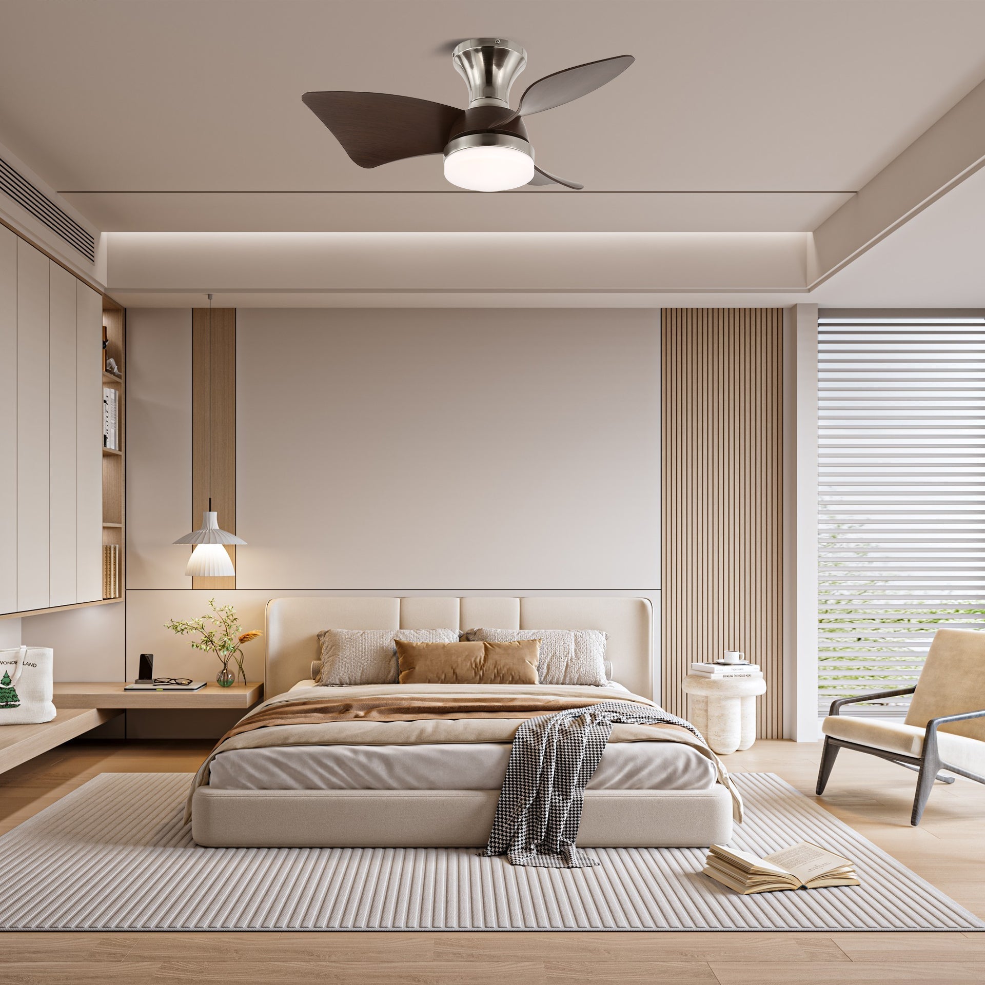 Plafonnier Ventilateur Mirella Argent et Bois, détail de la lumière LED intégrée