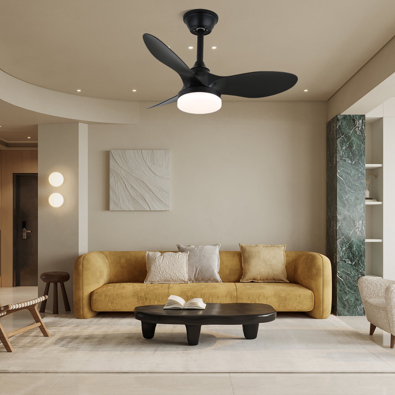 Gros plan du plafonnier ventilateur Aelric avec LED intégrée
