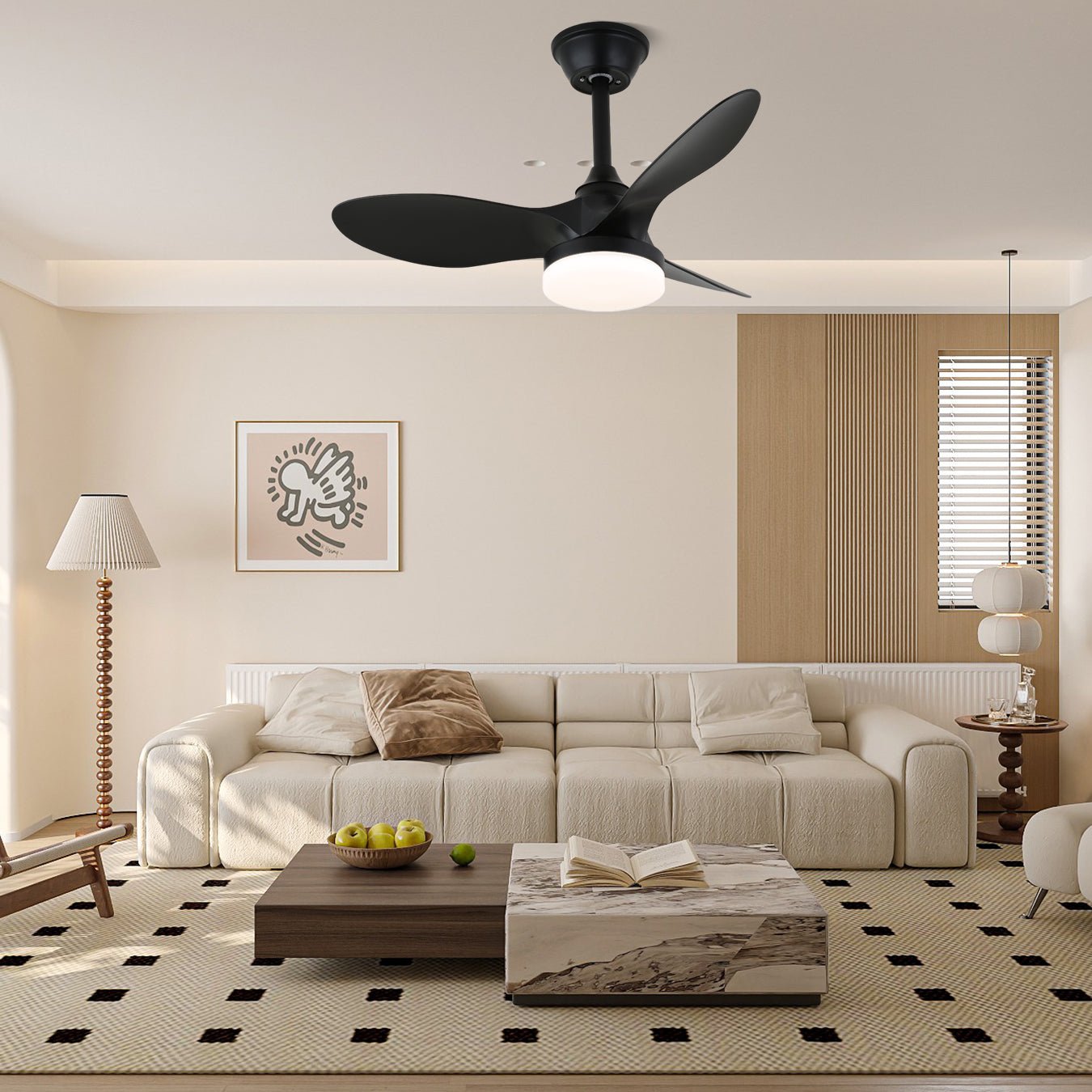 Plafonnier ventilateur Aelric montrant les pales en ABS et l'abat-jour en acrylique