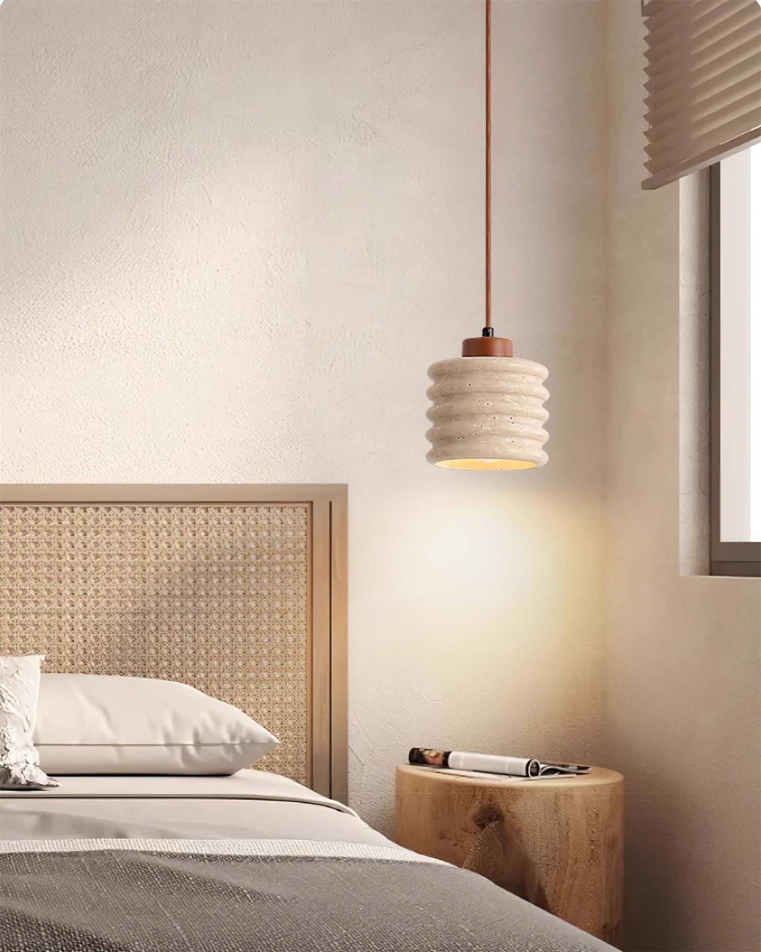 Pendant Lamp Travertine Ripple Shade Walnut Wood Organic Wabi-Sabi - Letslighting