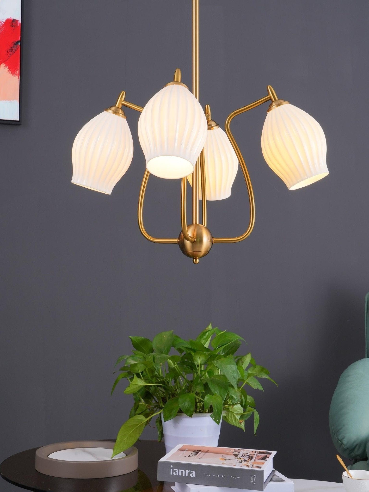 Lustra Chandelier Ceramic Ribbed Sculptural Glass Elegant - Letslighting