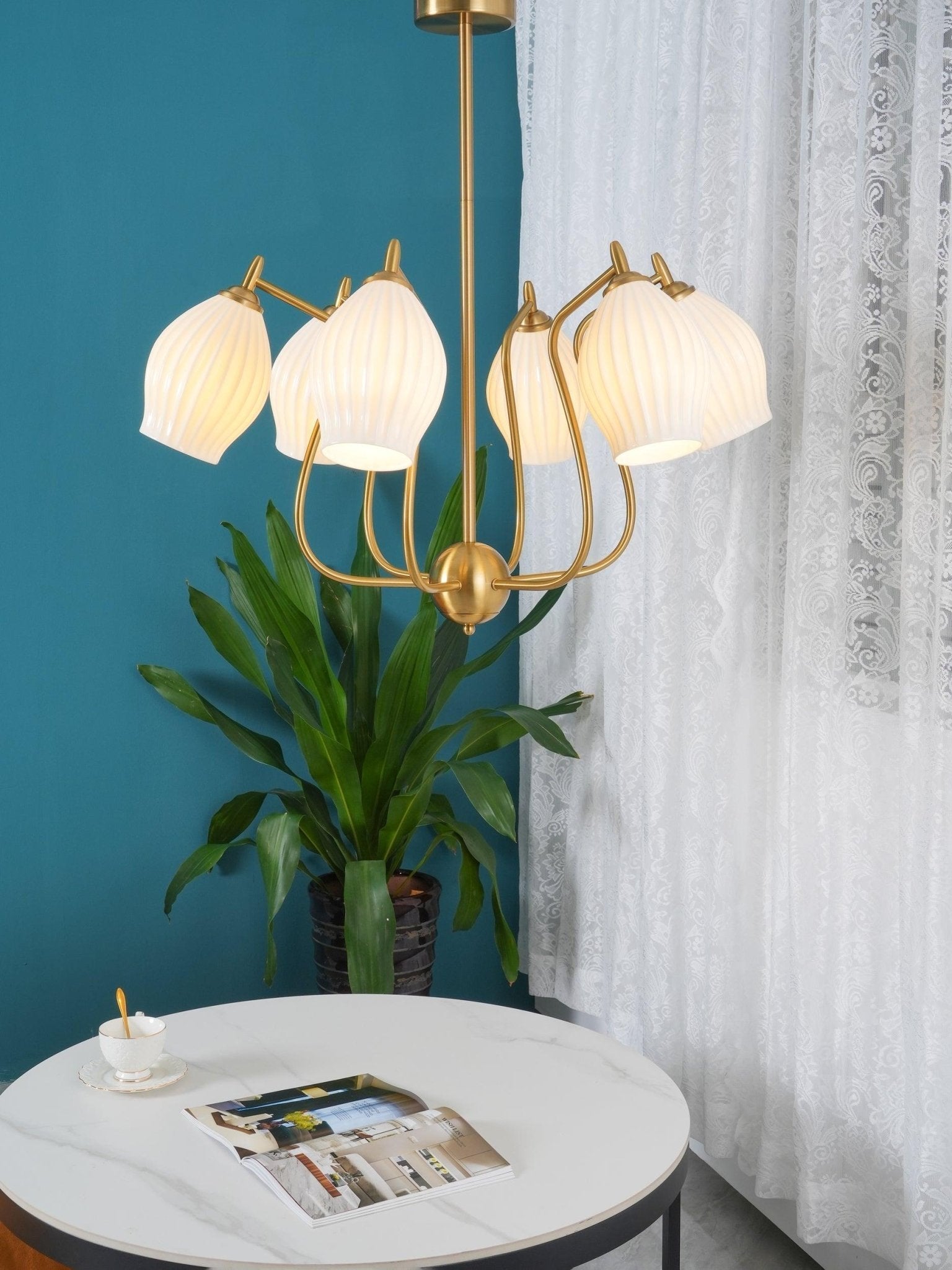 Lustra Chandelier Ceramic Ribbed Sculptural Glass Elegant - Letslighting