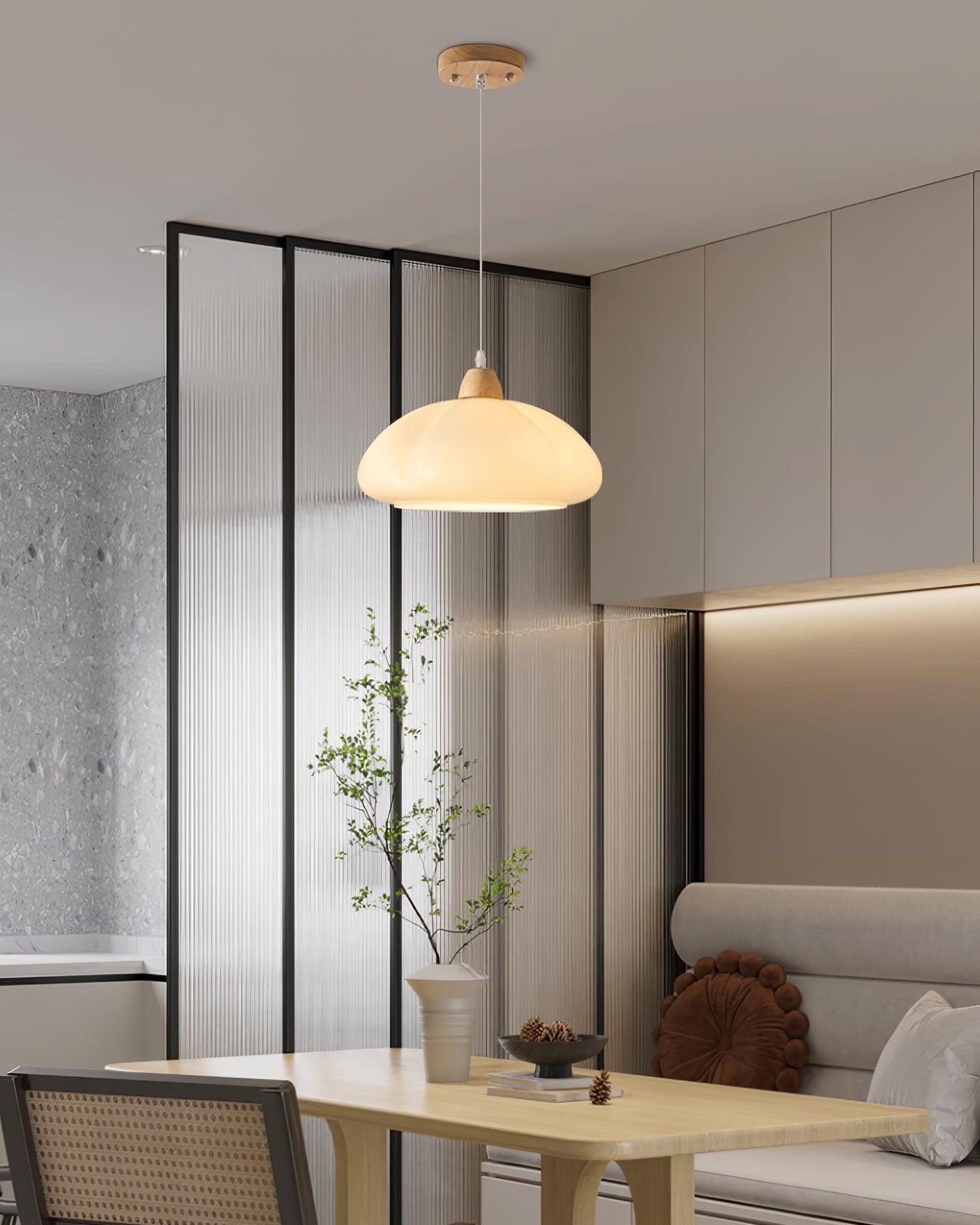 Pendant Lamp Rounded Glass Shade Wood Accent Playful Modern Touch - Letslighting