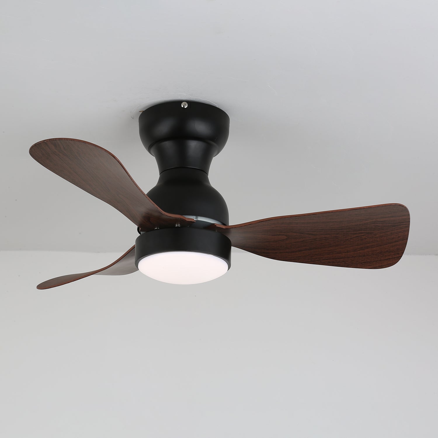 Ventilateur de plafond Aurdorus présentant un cadre métallique et un abat-jour en acrylique
