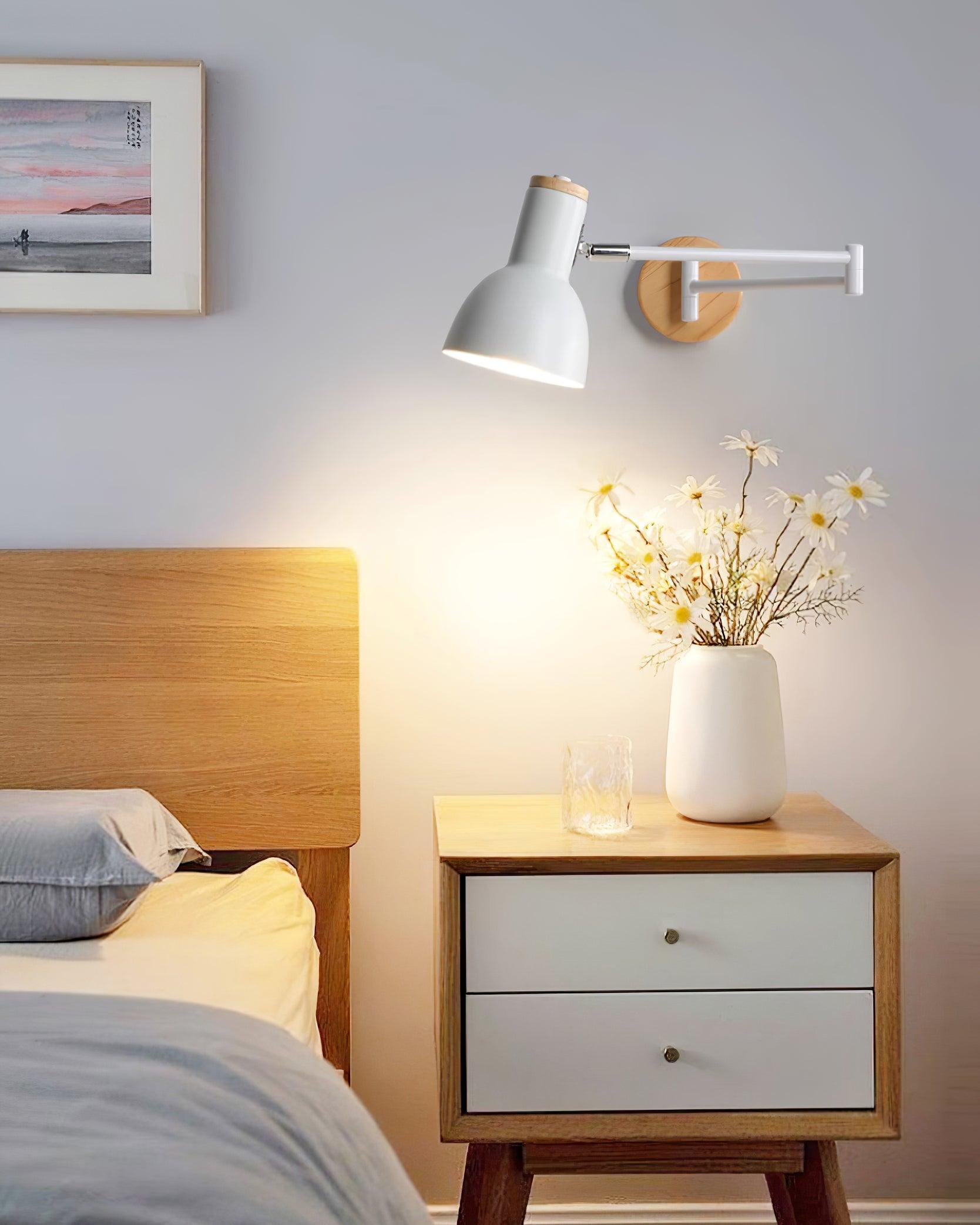 Wall Lamp Adjustable Arm Cone Shade Wood Base Modern Study - Letslighting