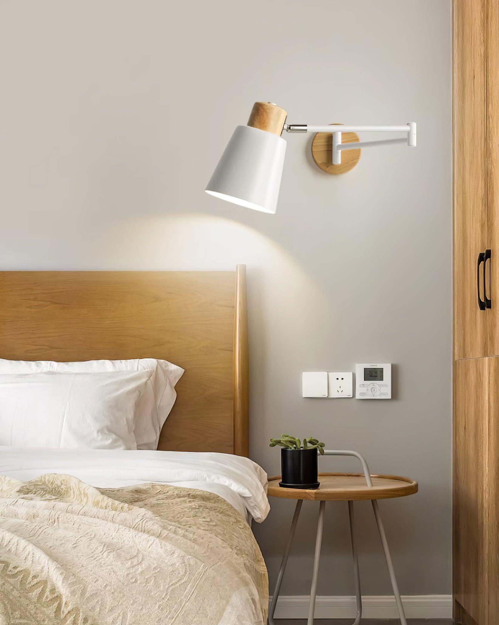 Wall Lamp Adjustable Arm Cone Shade Wood Base Modern Study - Letslighting