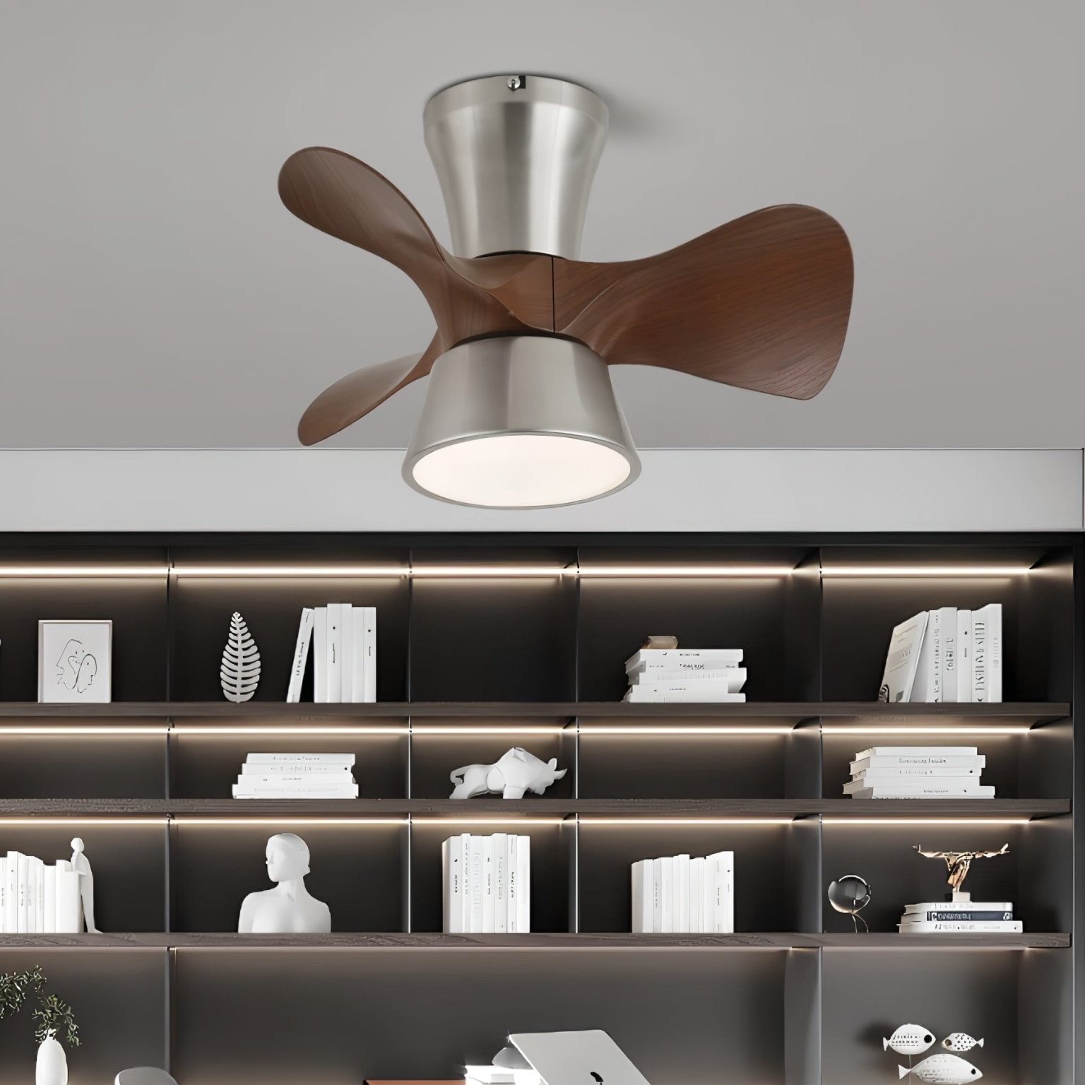 Plafonnier Ventilateur Nera en Bois Moderne, détail de la lumière LED intégrée