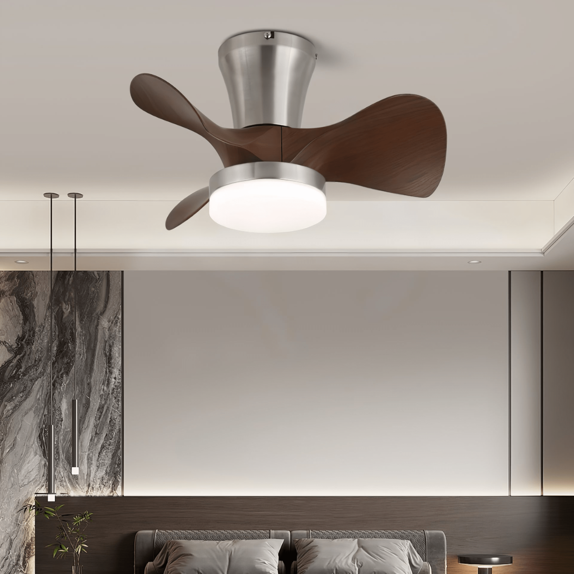 Plafonnier Ventilateur Nera en Bois Moderne, gros plan des pales en bois