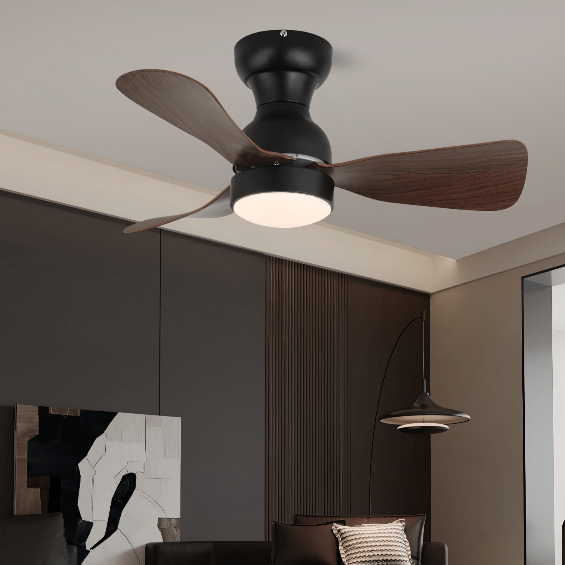 Ventilateur de plafond Aurdorus éclairant un salon moderne
