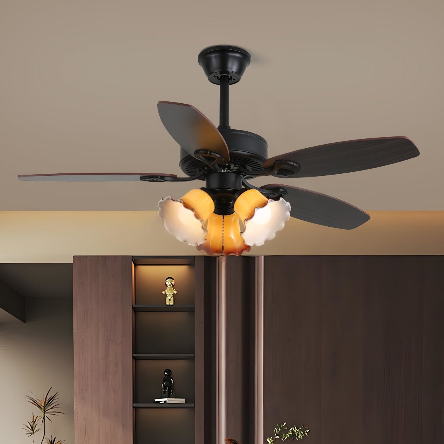 Plafonnier Ventilateur Calviera en Bois et Verre Vintage, vue latérale