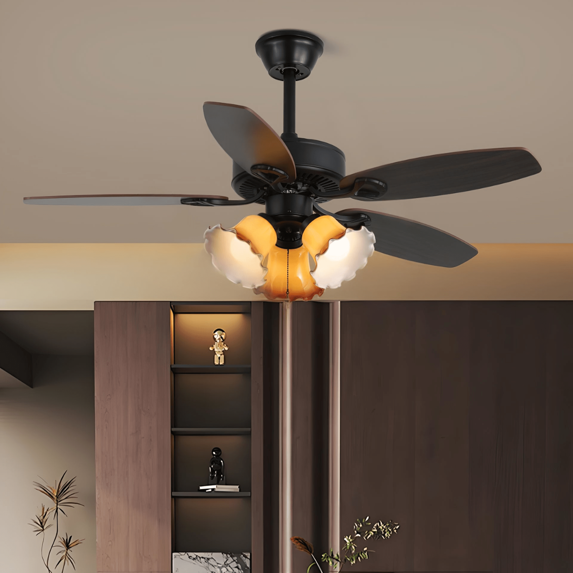 Plafonnier Ventilateur Calviera en Bois et Verre Vintage, vue en angle