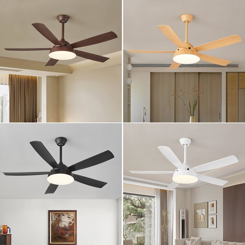 Vue détaillée de la structure métallique et de l'abat-jour en acrylique du plafonnier ventilateur Orvino en bois