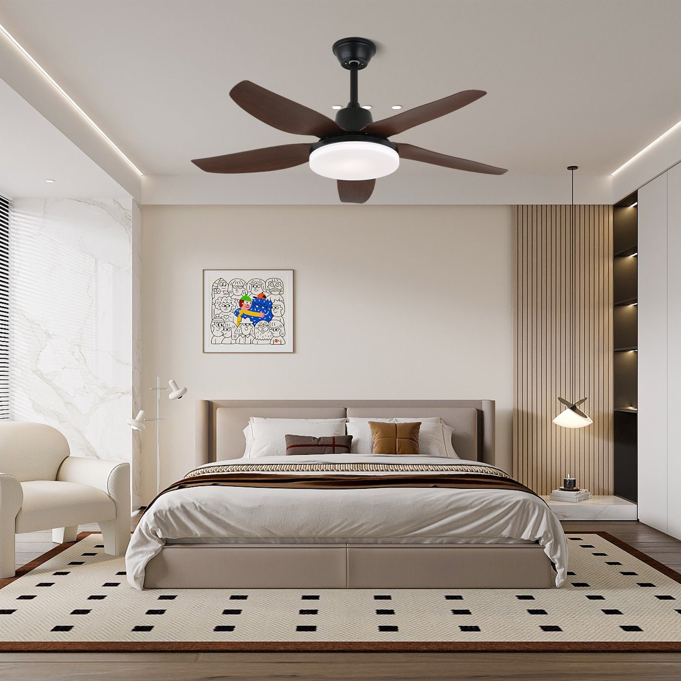 Gros plan du plafonnier ventilateur Luvo montrant la LED intégrée et l'abat-jour en acrylique