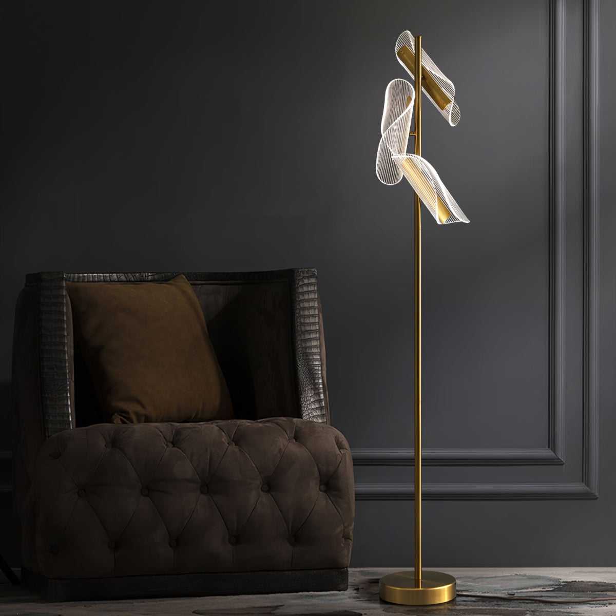Mira Lampadaire Vague Moderne, Métal/Acrylique, Doré/Blanc, Salon