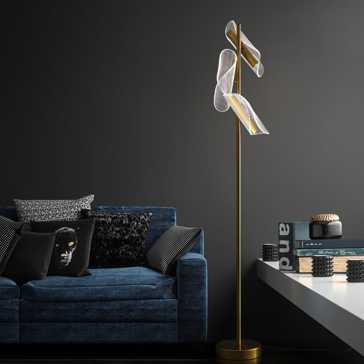 Mira Lampadaire Vague Moderne, Métal/Acrylique, Doré/Blanc, Salon