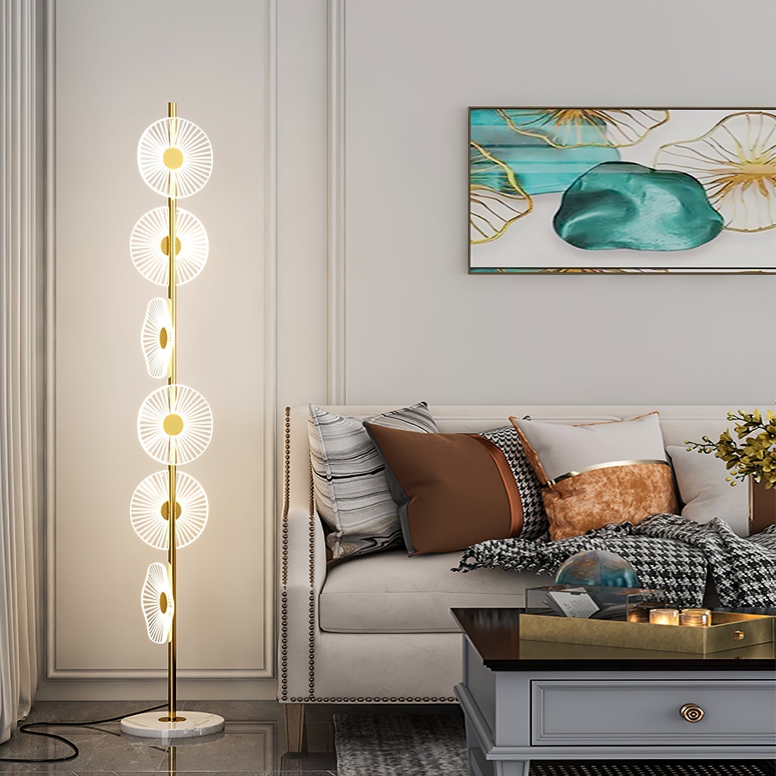 Arisha Lampadaire Rond Moderne, Métal/Acrylique, Blanc/Doré, Salon