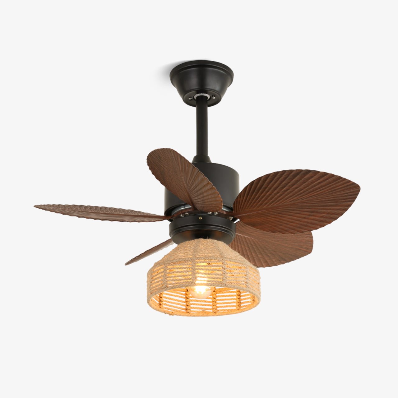 Plafonnier ventilateur Rivora en rotin tropical avec finition bois de noyer