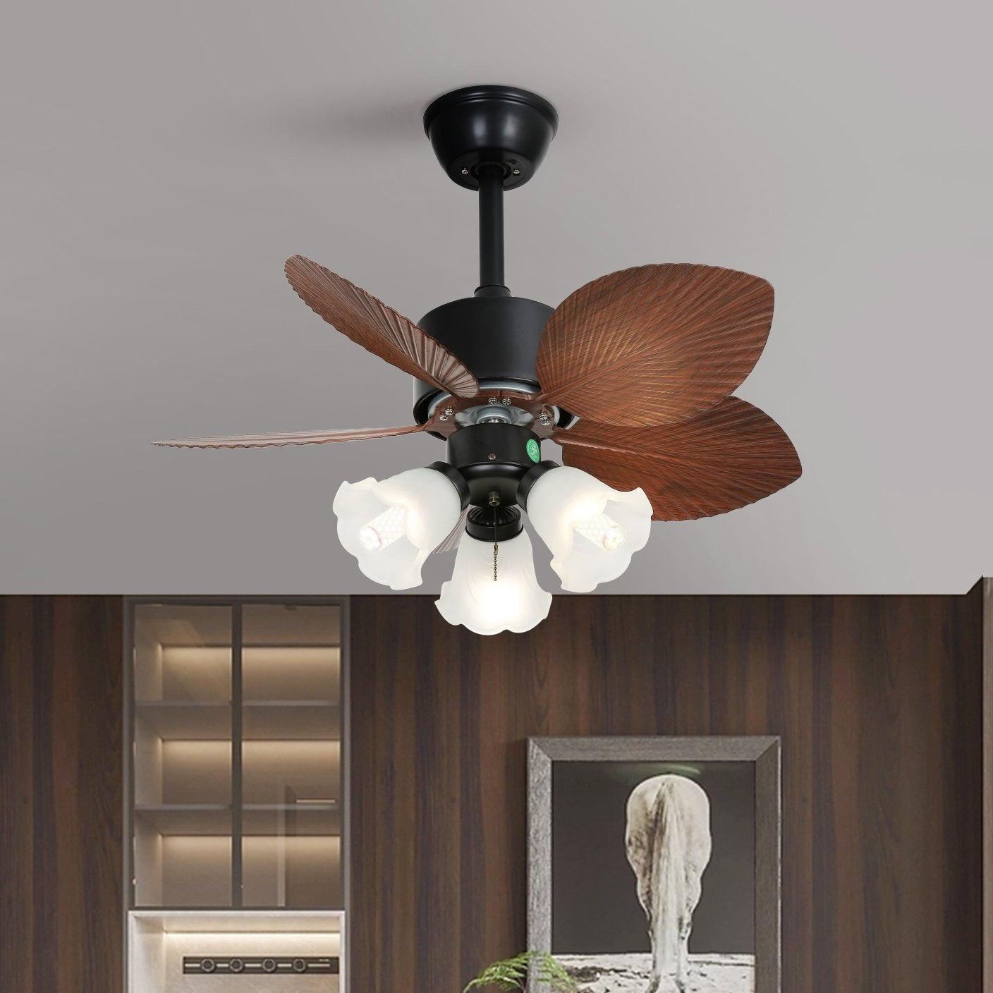 Plafonnier Ventilateur Florence en Bois Vintage, lumière allumée