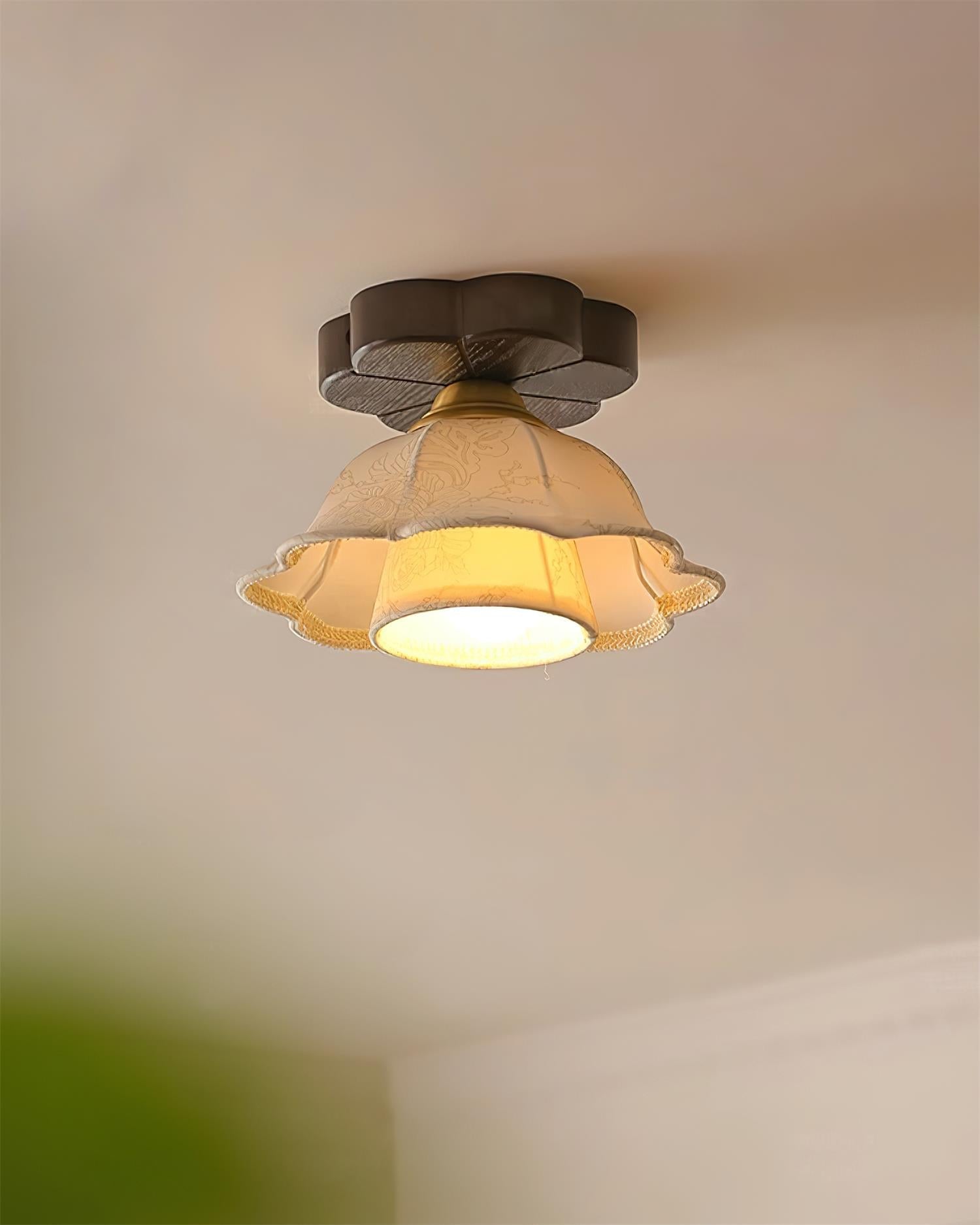 Ceiling Light Scalloped Fabric Shade Walnut Wood Canopy Vintage - Letslighting
