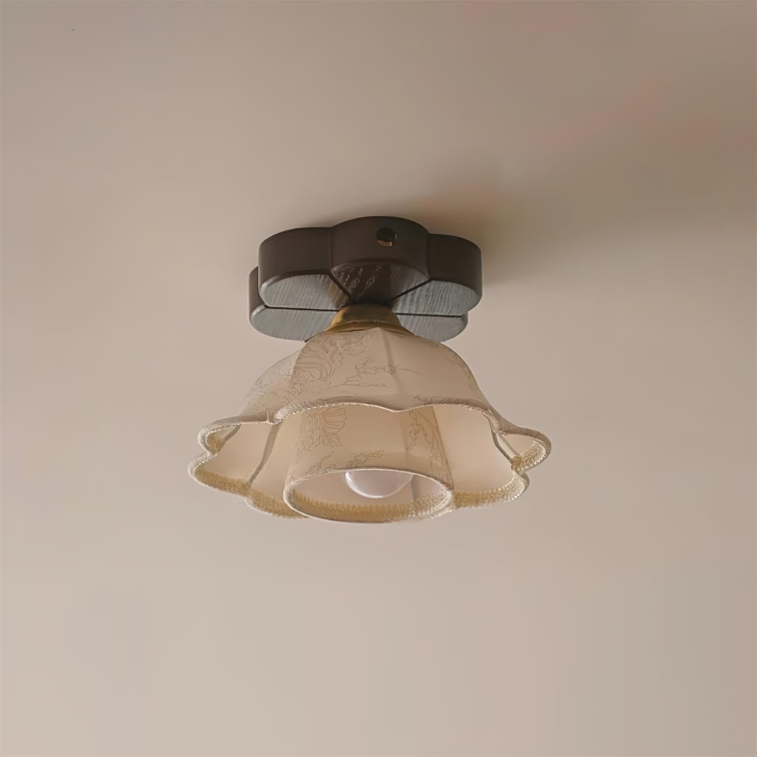 Ceiling Light Scalloped Fabric Shade Walnut Wood Canopy Vintage - Letslighting